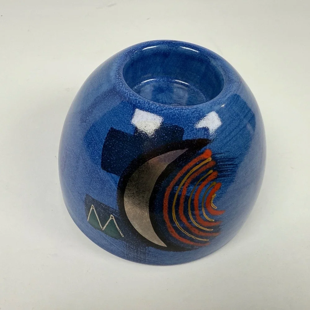 KMK Keramik Candle Holder Blue West German Pottery geometric signed mid-century